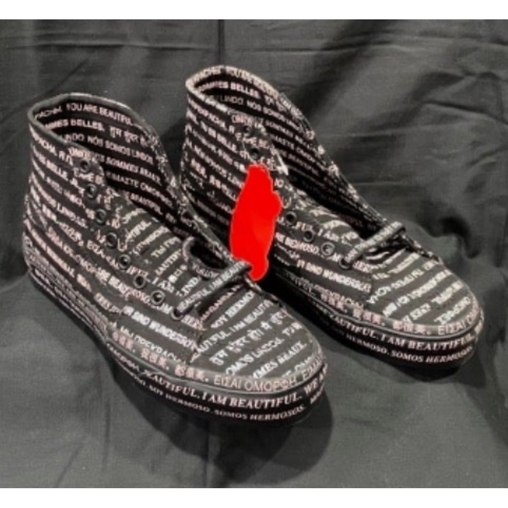 Vans Sk8-Hi I Am Beautiful Multilingual Print Black White High Top Sneakers